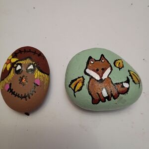 Whimsical Hand-Painted Rocks with Fox and Scarecrow